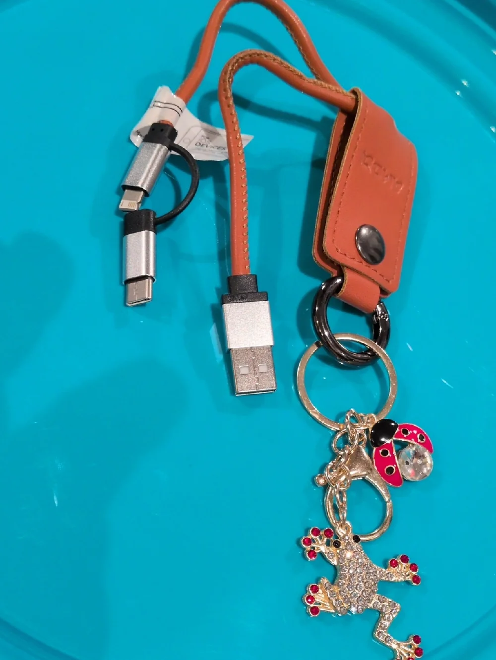 Brown Leather Keychain USB Charging Cable with Key Ring